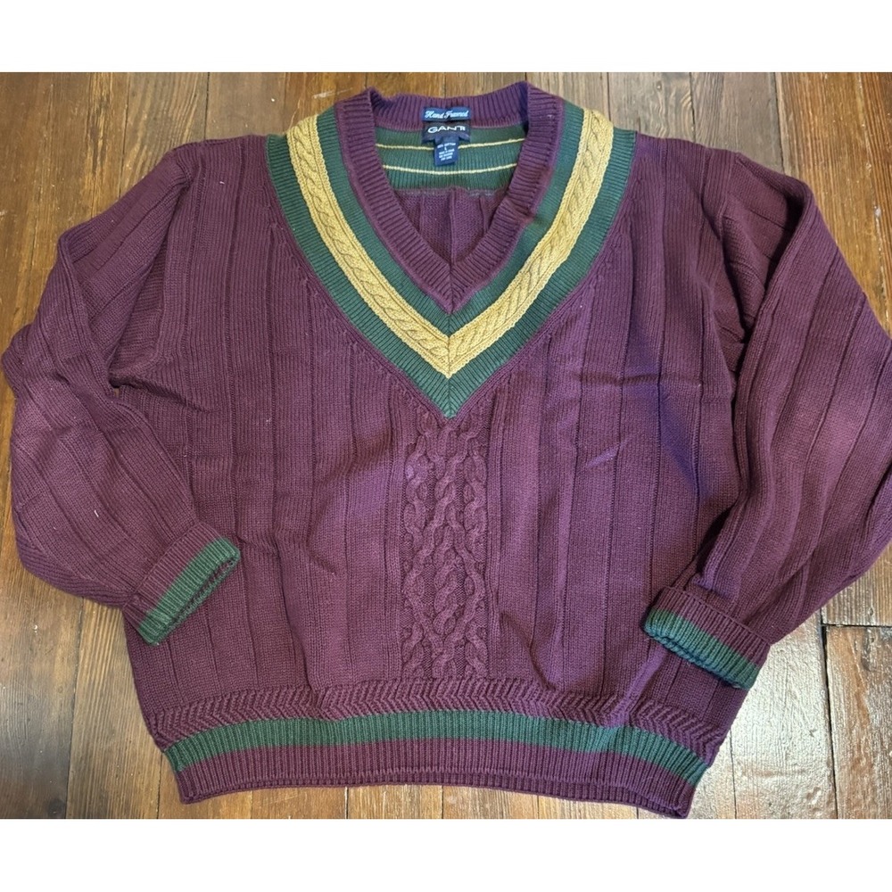Vtg Gant Hand Framed Cable Knit Tennis Sweater Mens XL Maroon Chunky Cricket